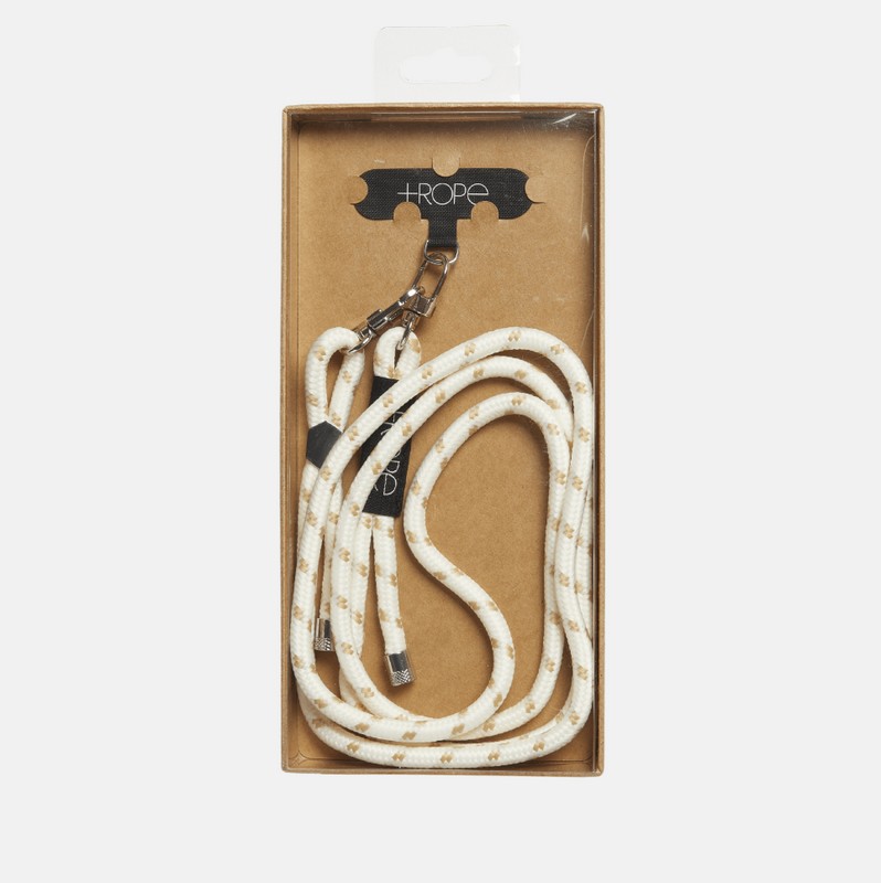 Portacellulare da collo in cotone color bianco con moschettoni e finiture metalliche